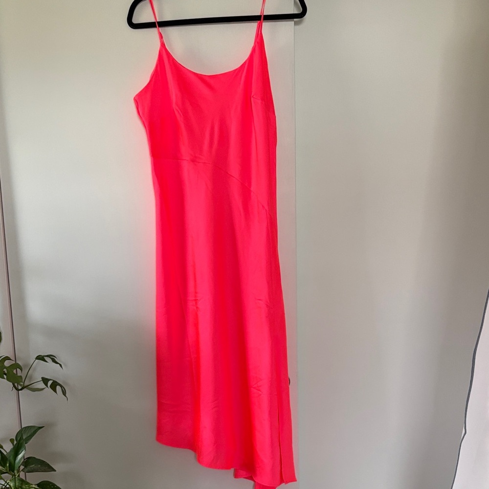 NWT a new day Neon Pink Silky Asymmetrical MIDI Dress with slit